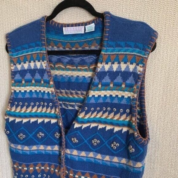 Vintage Segrets Sun Prints Blue Southwestern Knit Sweater Vest Women’s Size L - Picture 4 of 8
